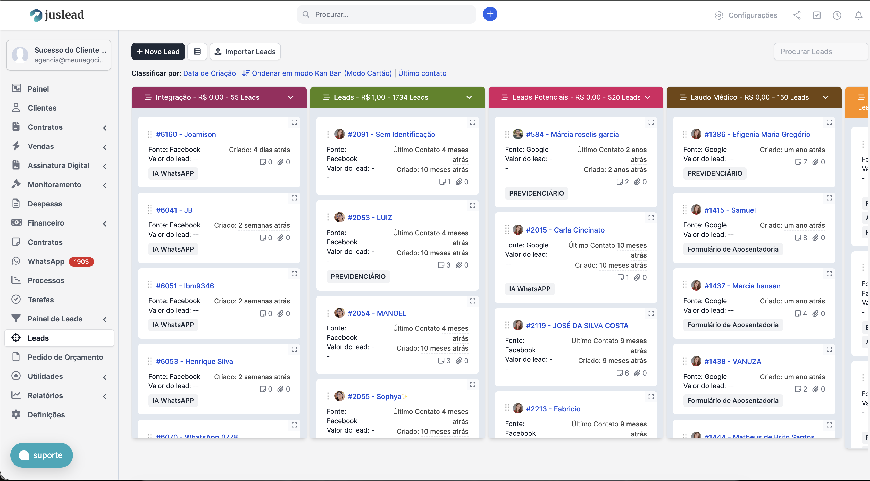 Pipeline de Leads JusLead - Gestão de Vendas