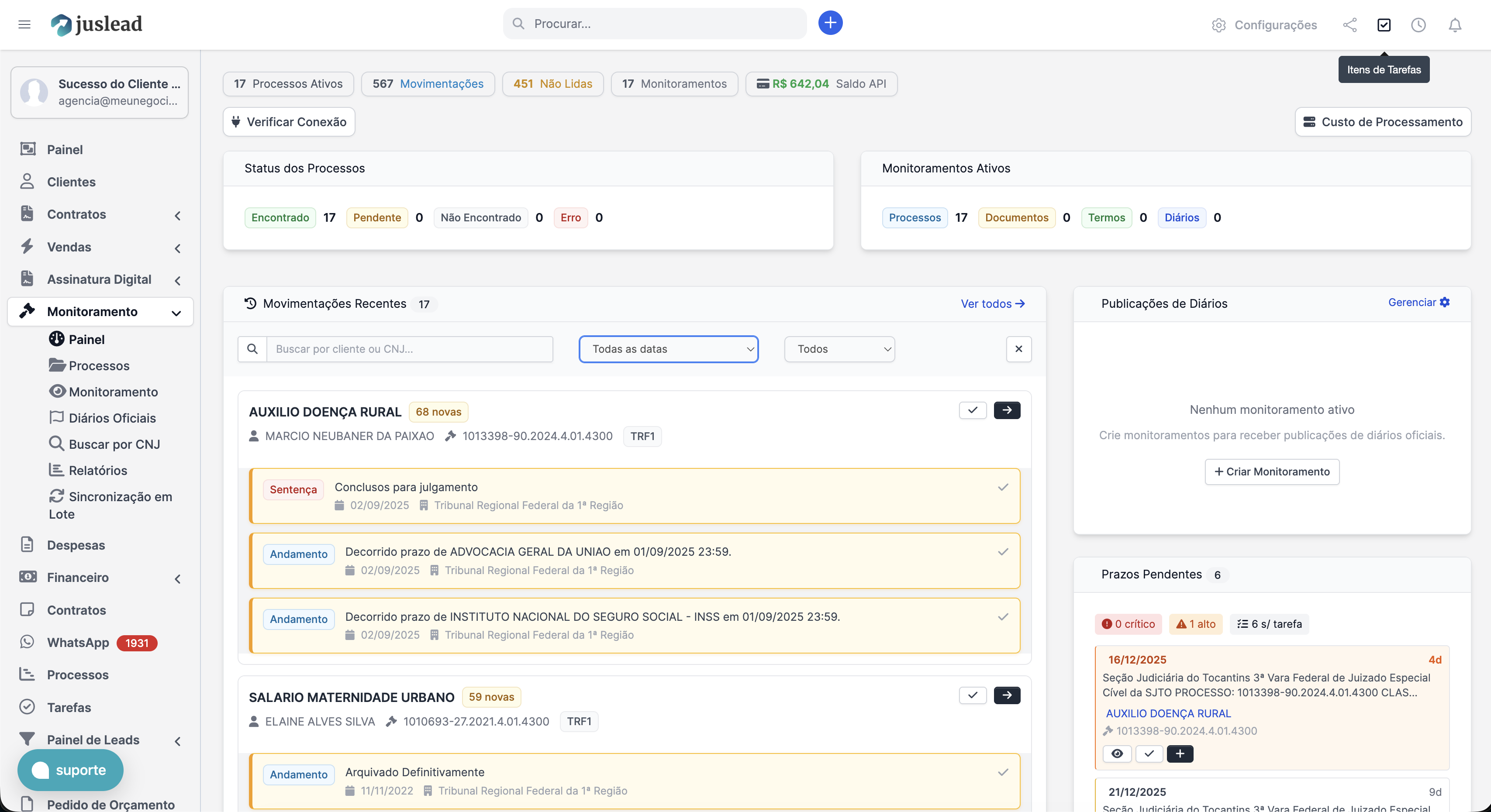 Monitoramento de Processos JusLead - Tribunais e Diários Oficiais